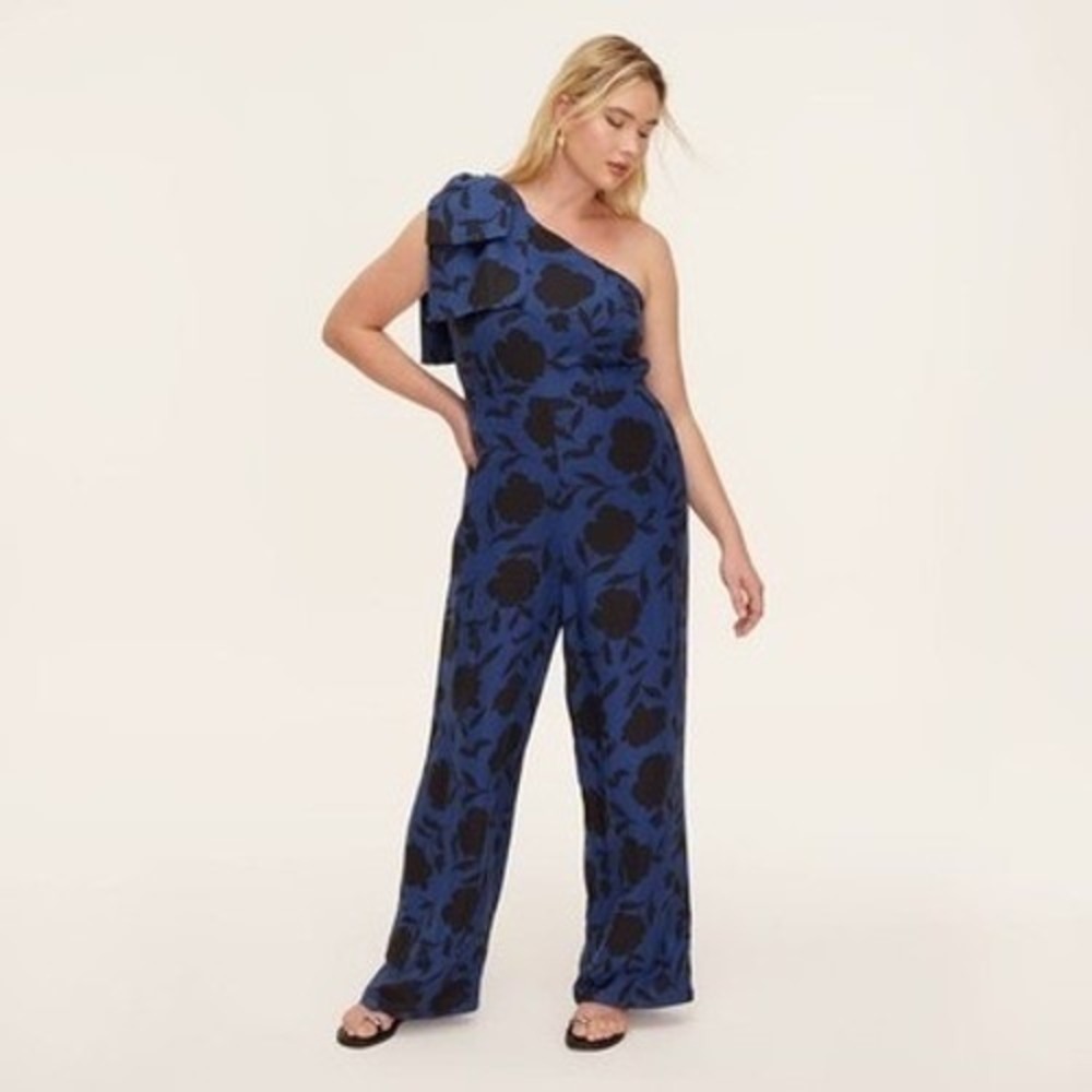 Kate Spade x Target Floral Jumpsuit Wide Leg Bow Blue Black Linen Blend Size 6